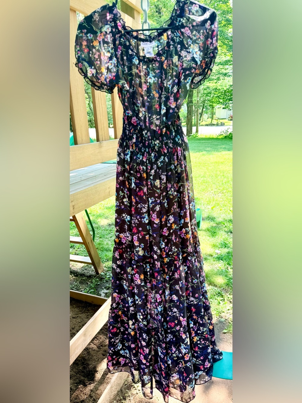 Smocked Black Floral Maxi Dress with Puff Sleeves - Picture 2 of 7